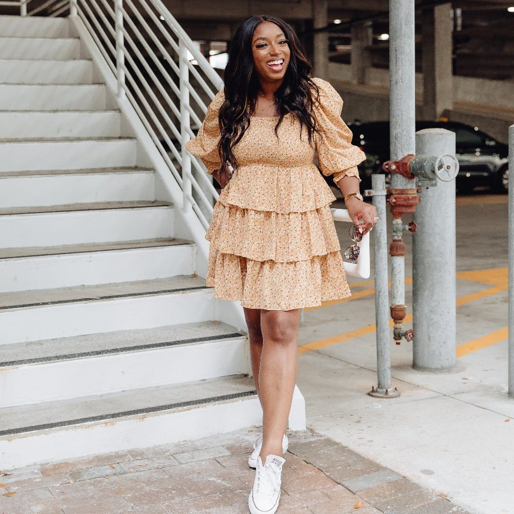 Womens Square Neck Tiered Yellow Mini Dress